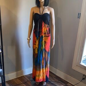 Dots Black Bandeau Maxi Dress with Vibrant Tie-Dye Skirt